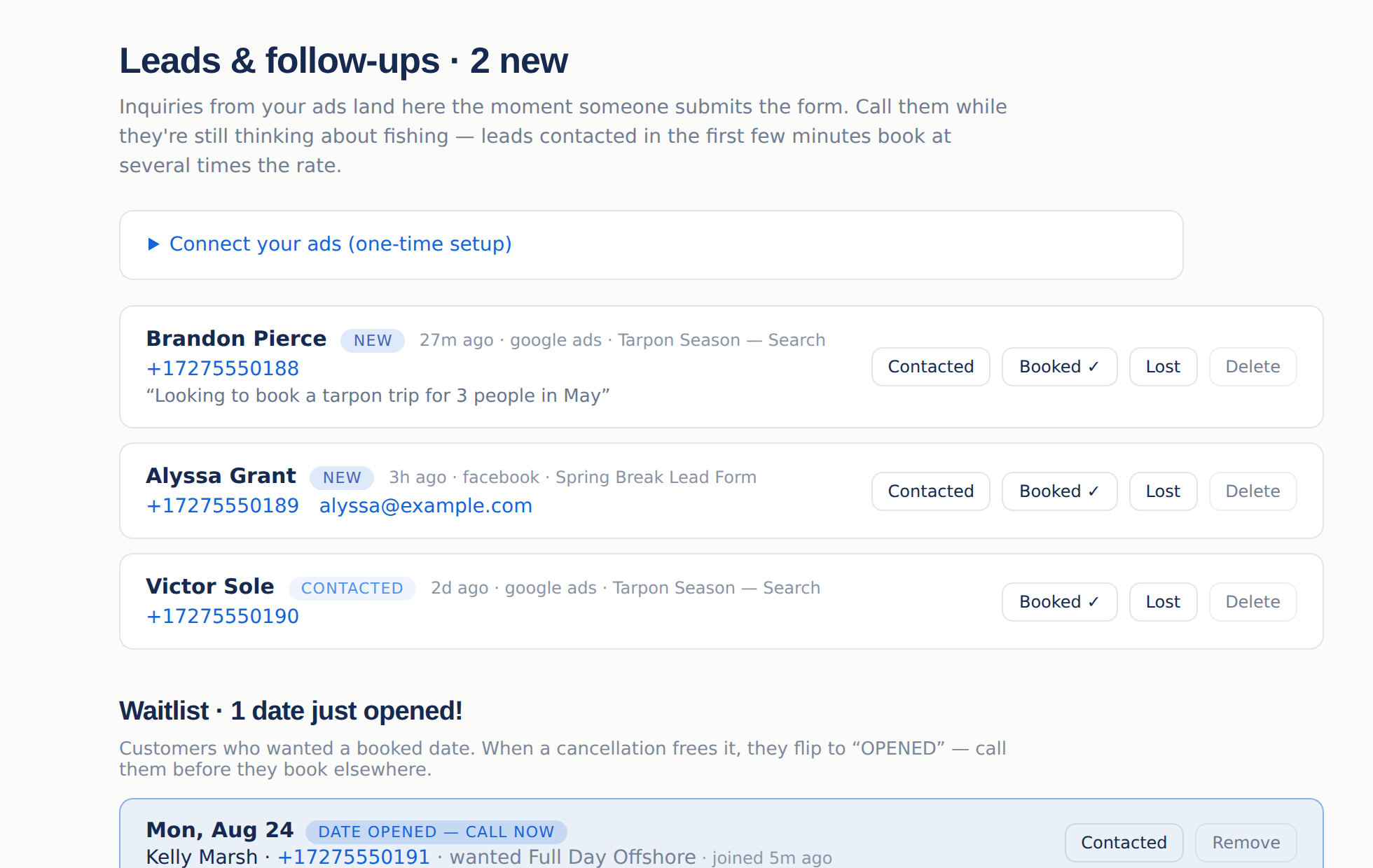 Leads and follow-ups queue with new ad leads and a waitlist date that just opened