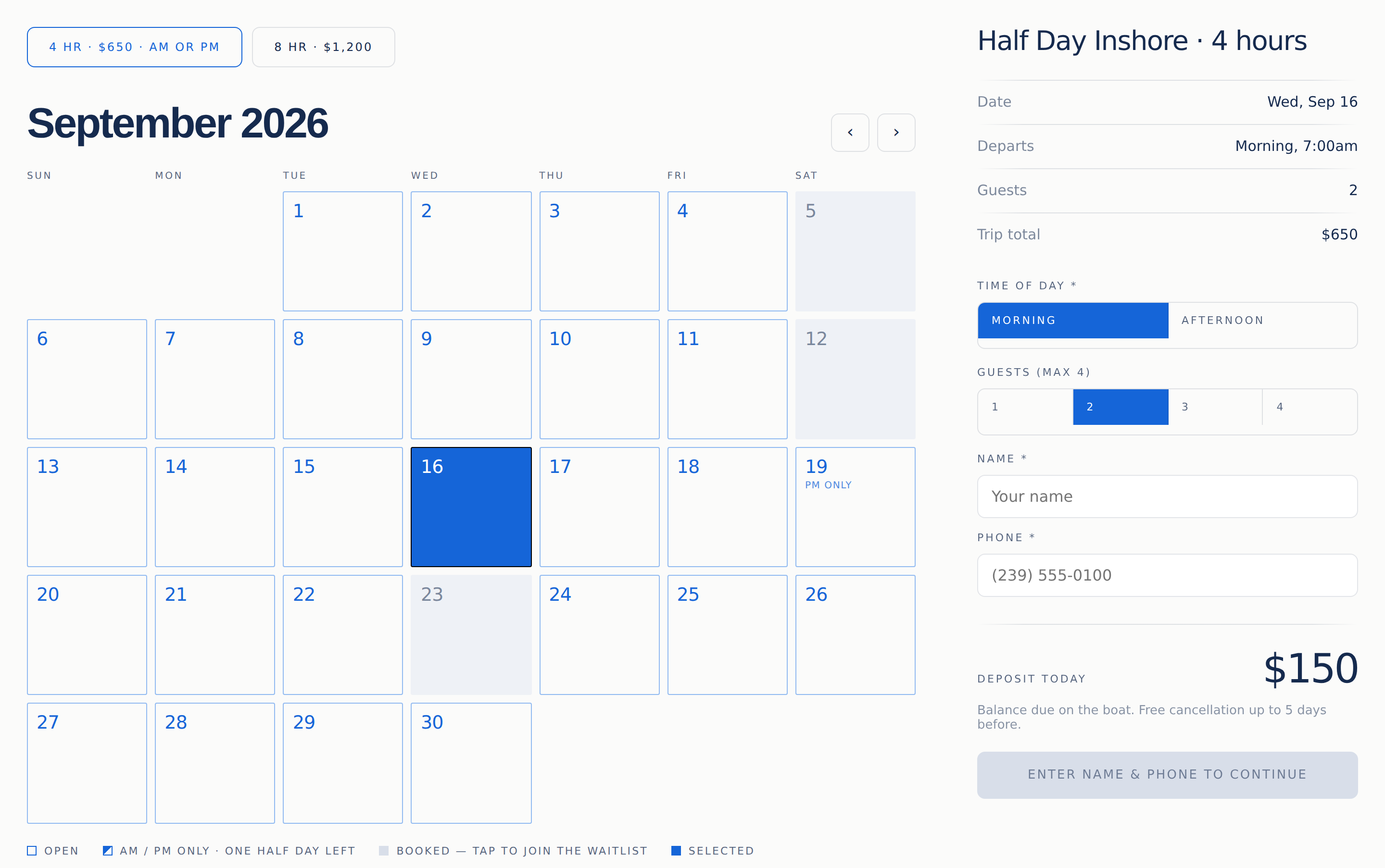 The customer facing booking page: pick a day, pick a trip, pay the deposit